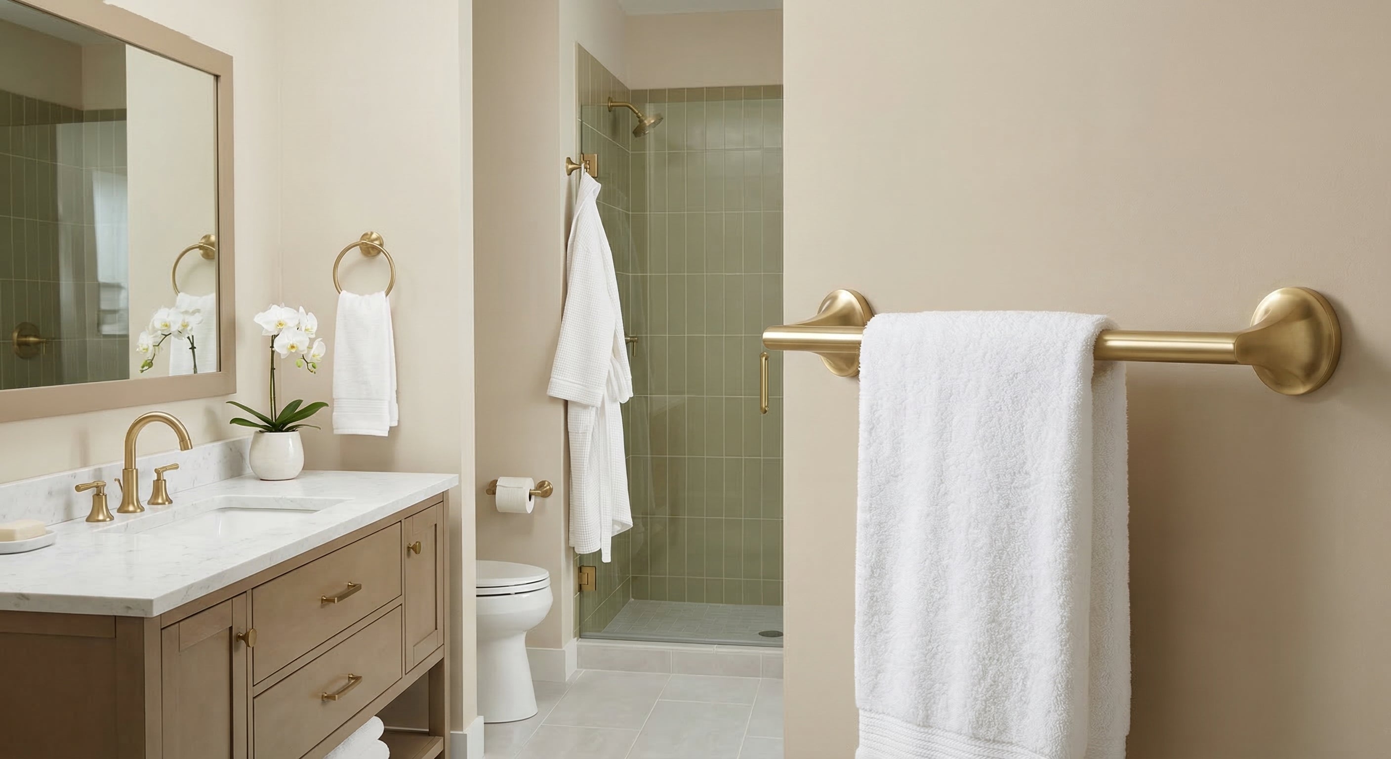 Foxtrot Collection - Bathroom with satin brass accessories