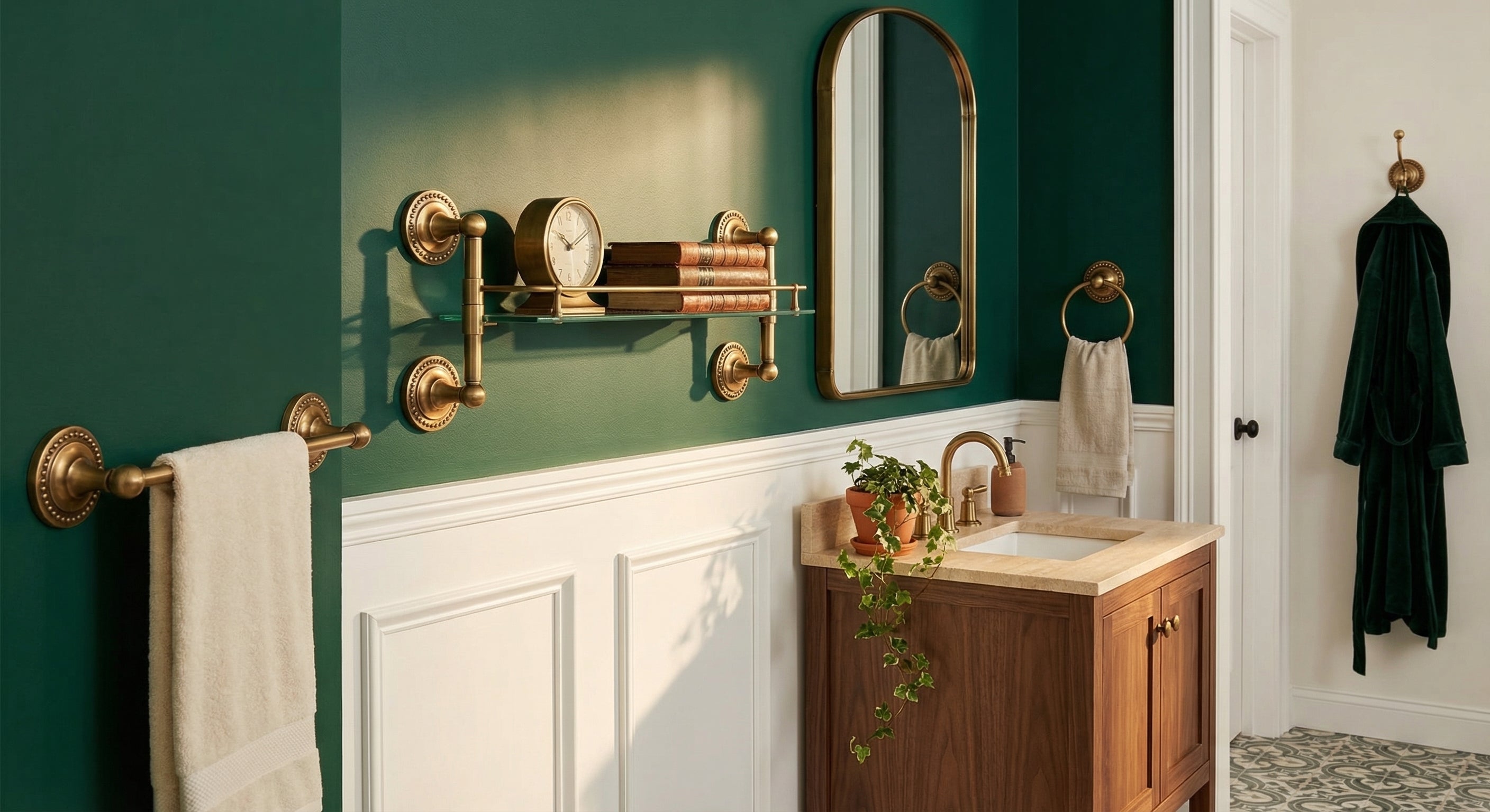 Dottingham Collection - Modern traditional bathroom with antique brass accessories