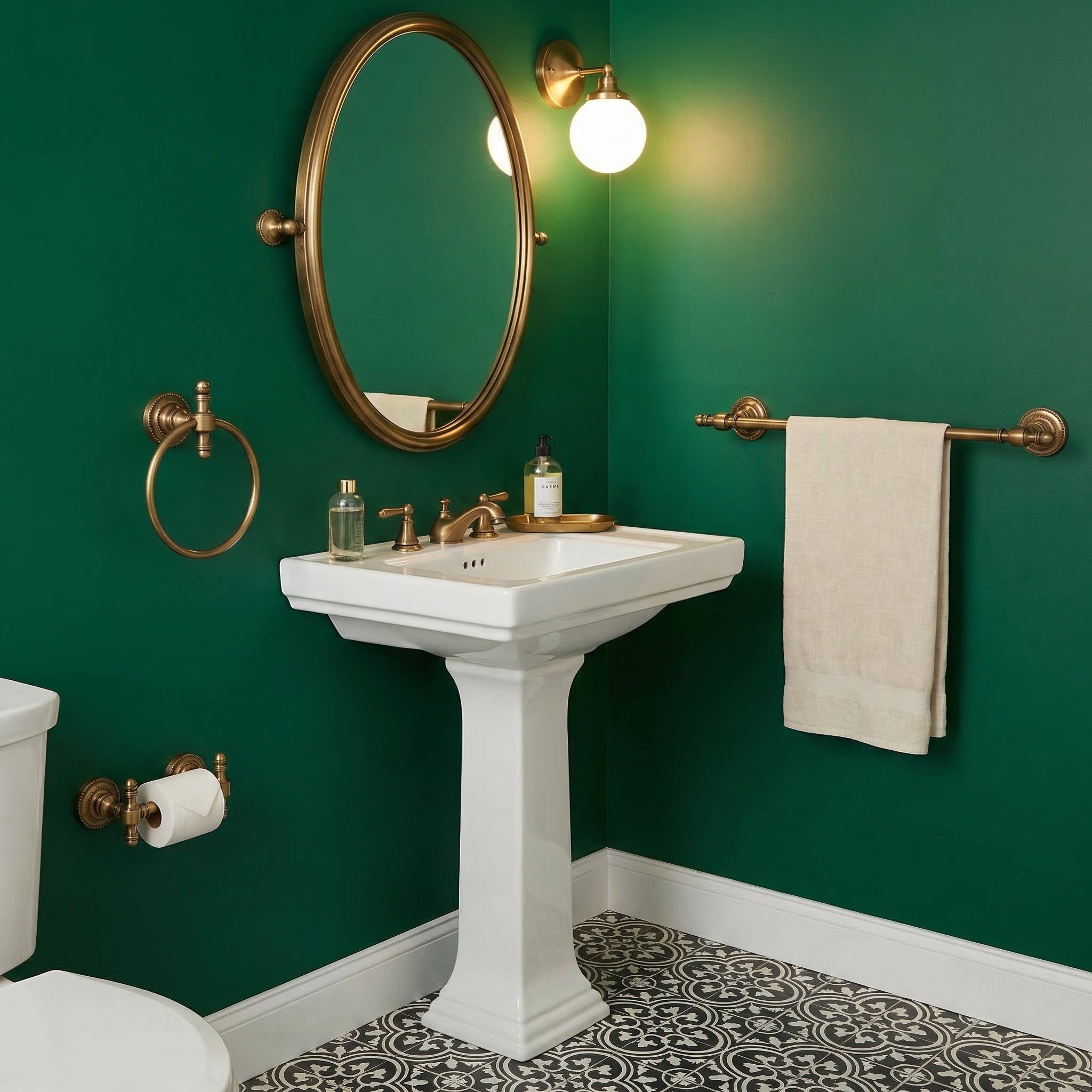 Retro Dot Collection - Powder room with antique brass accessories
