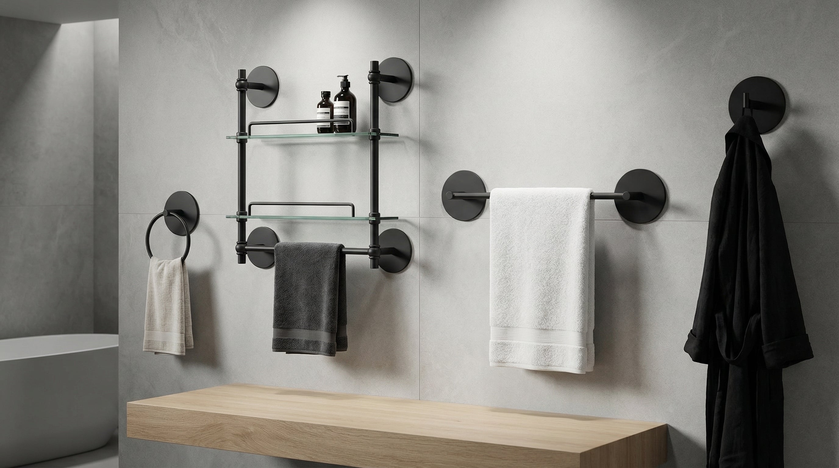 Prestige Skyline Collection - Sculptural bathroom with matte black accessories