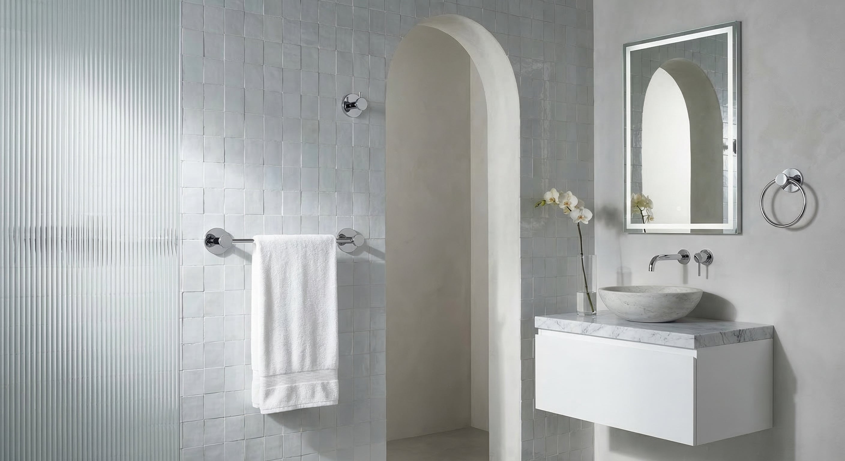 Satellite Orbit One Collection - Sculptural bath with polished chrome accessories