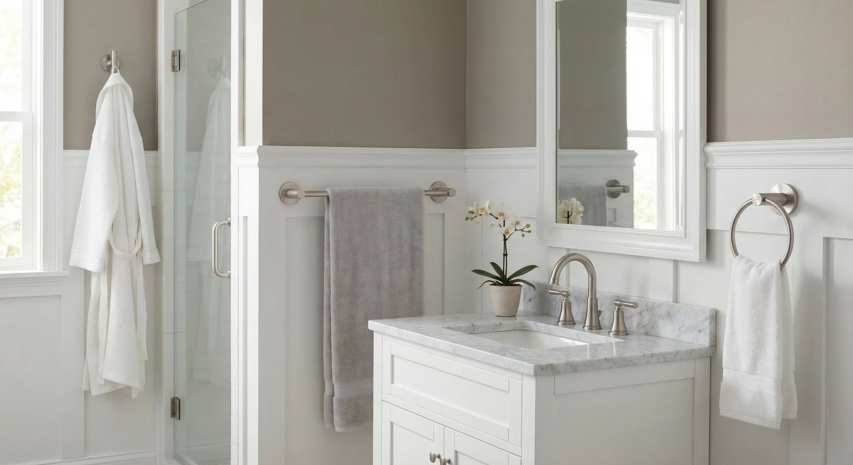 Remi Collection - Modern traditional bath with satin nickel accessories