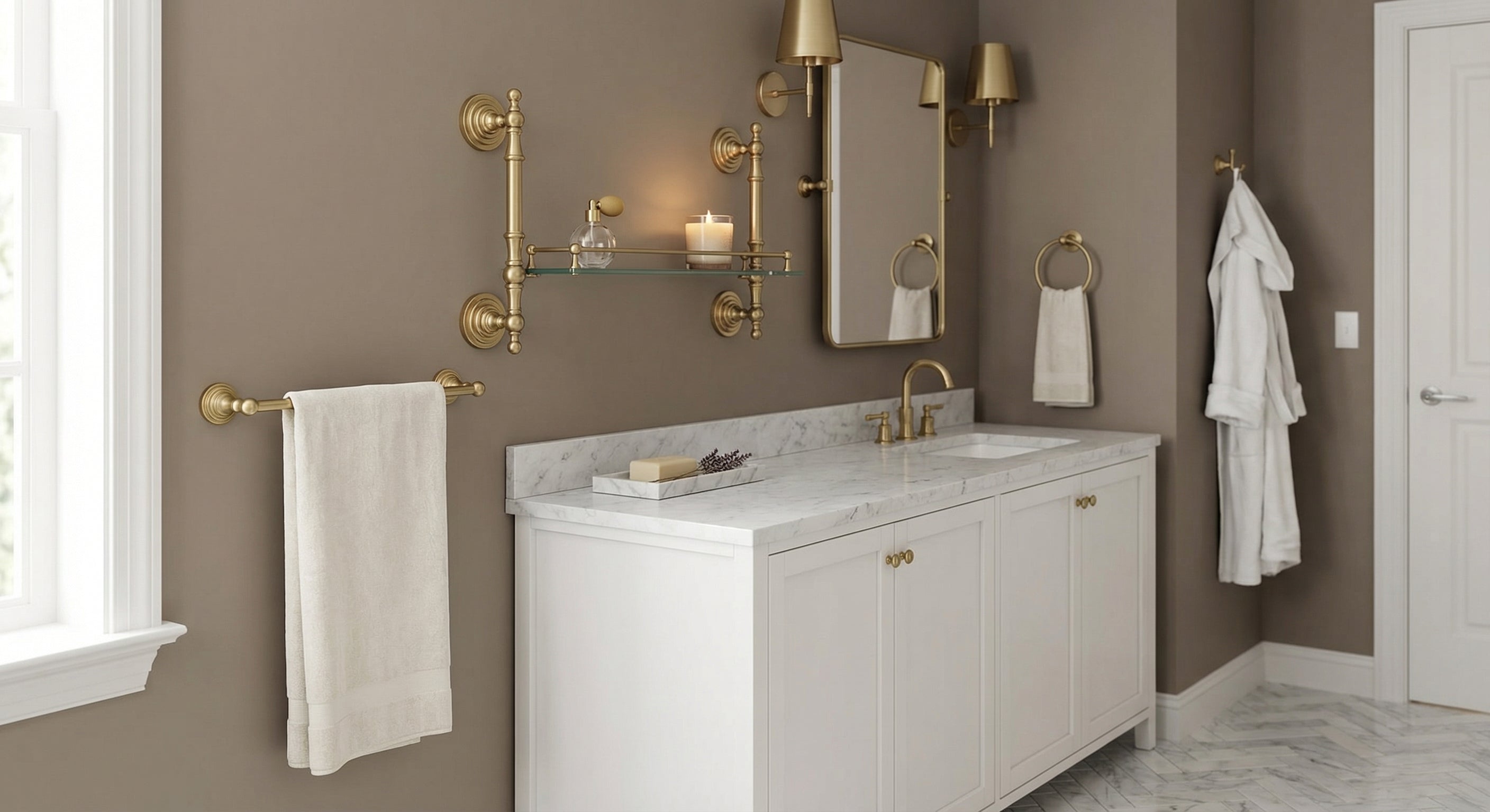 Waverly Place Collection - Elegant bathroom with satin brass accessories