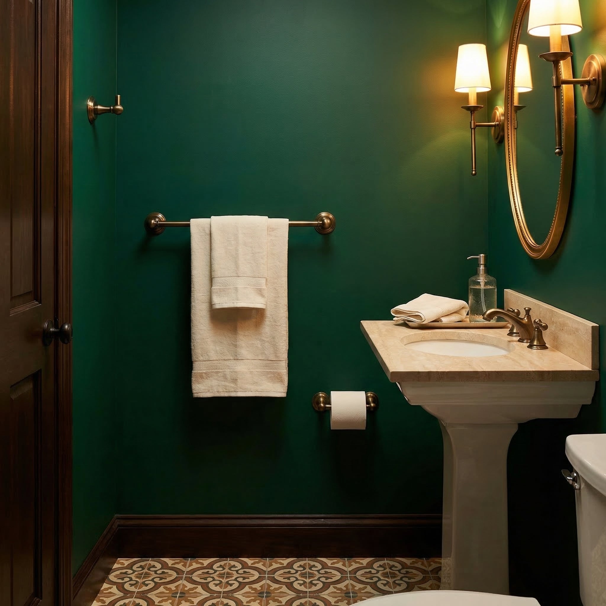 Essex Collection - Powder room with antique brass accessories