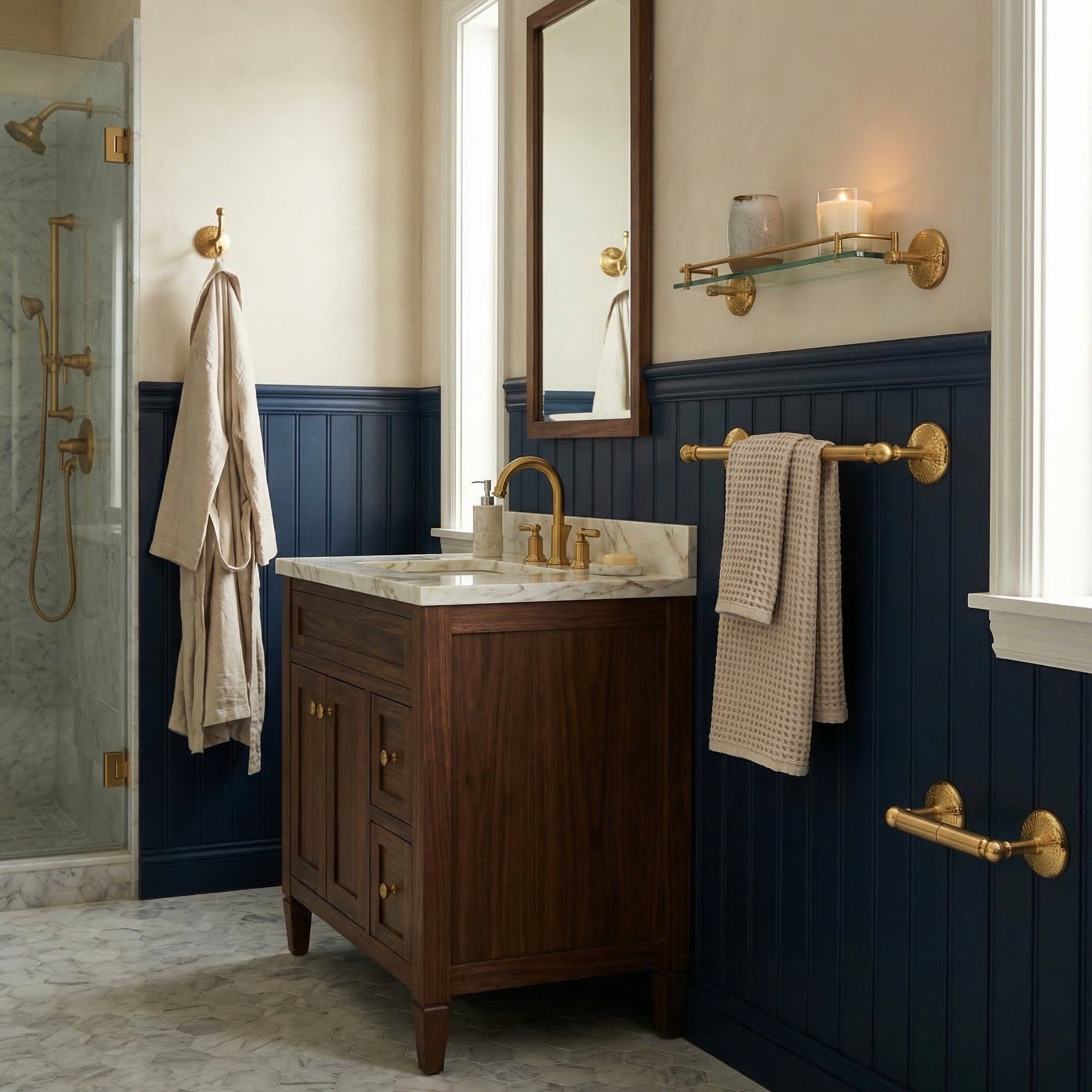 Monte Carlo Collection - Luxury bathroom with unlacquered brass accessories