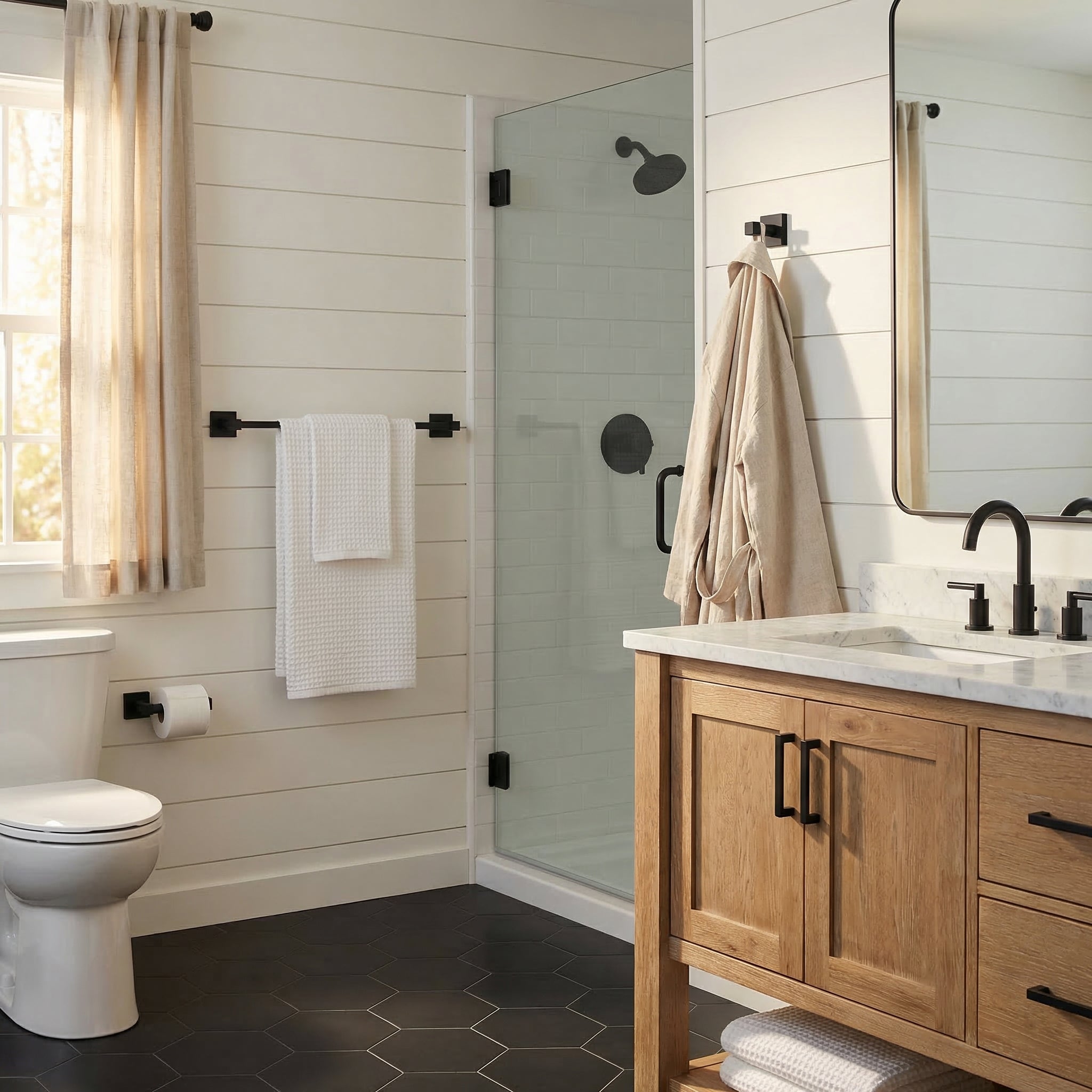 Argo Collection - Modern farmhouse bath with matte black accessories