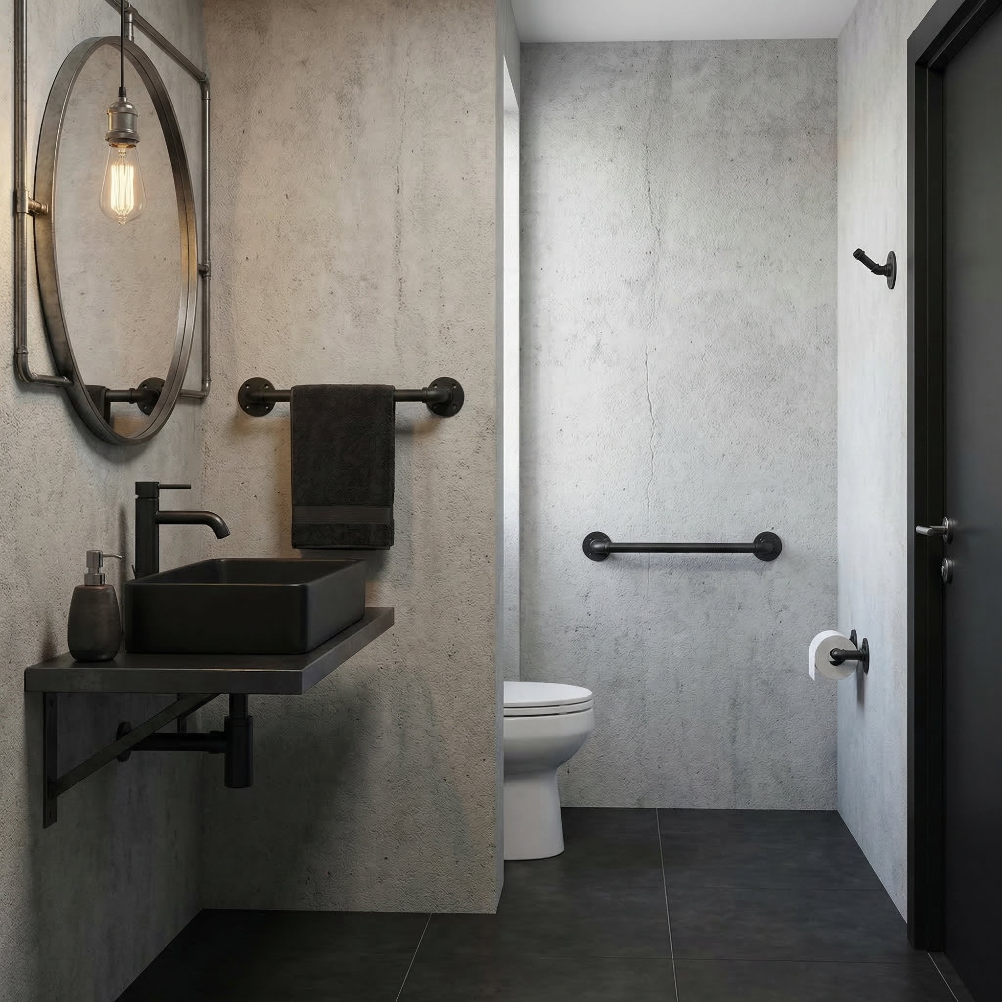 Pipeline Collection - Industrial restroom with matte black accessories