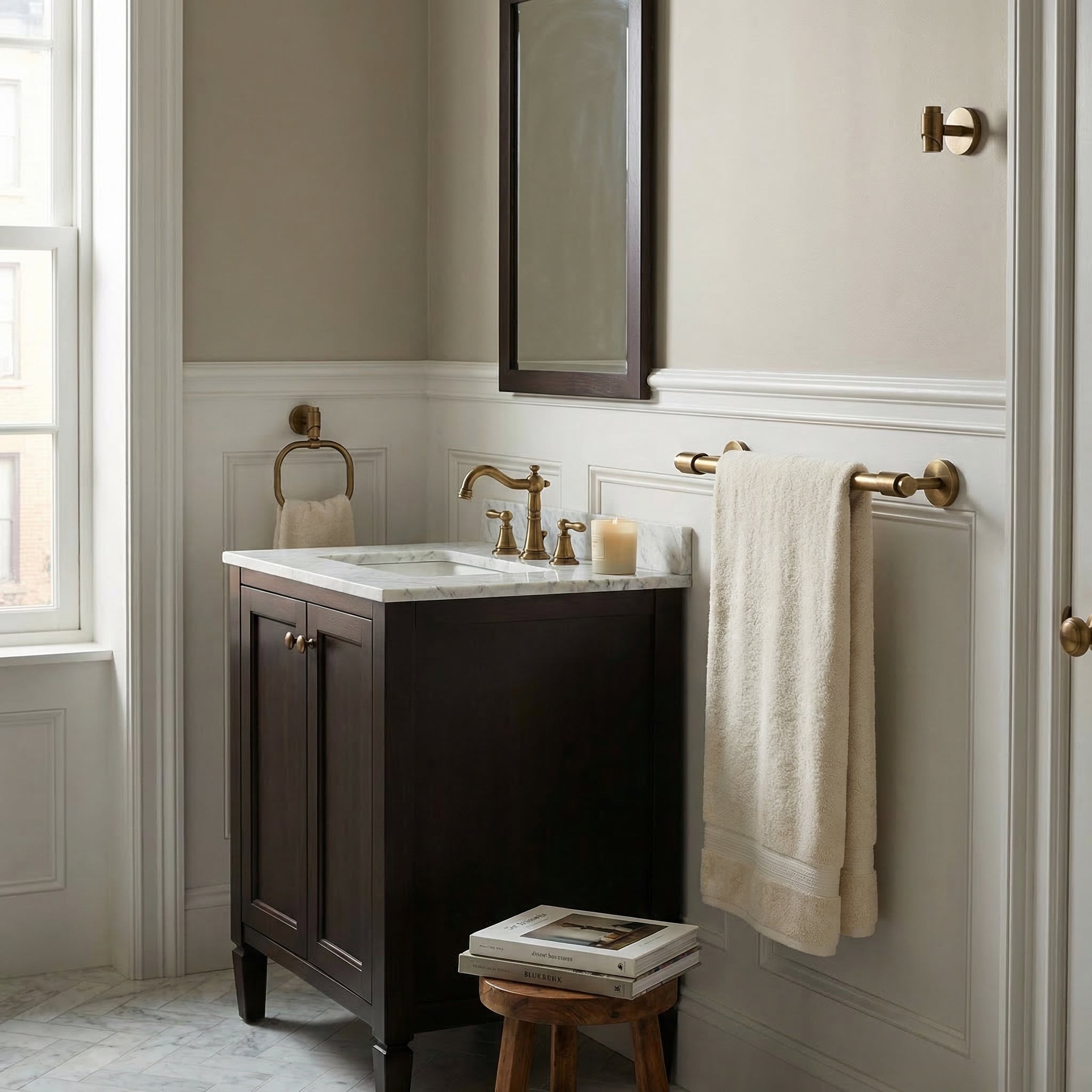 Tribecca Collection - Modern traditional bath with antique brass accessories