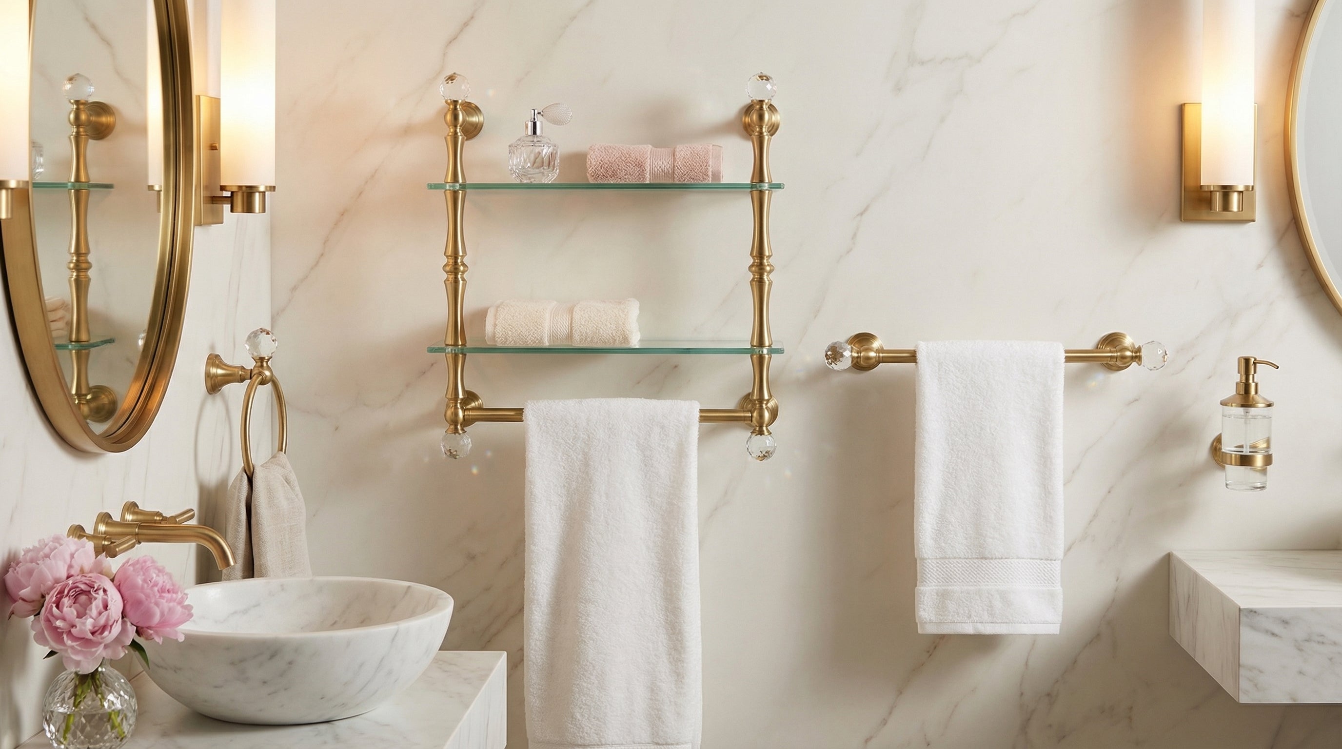 Carolina Crystal Collection - Luxury powder room with satin brass and crystal accessories