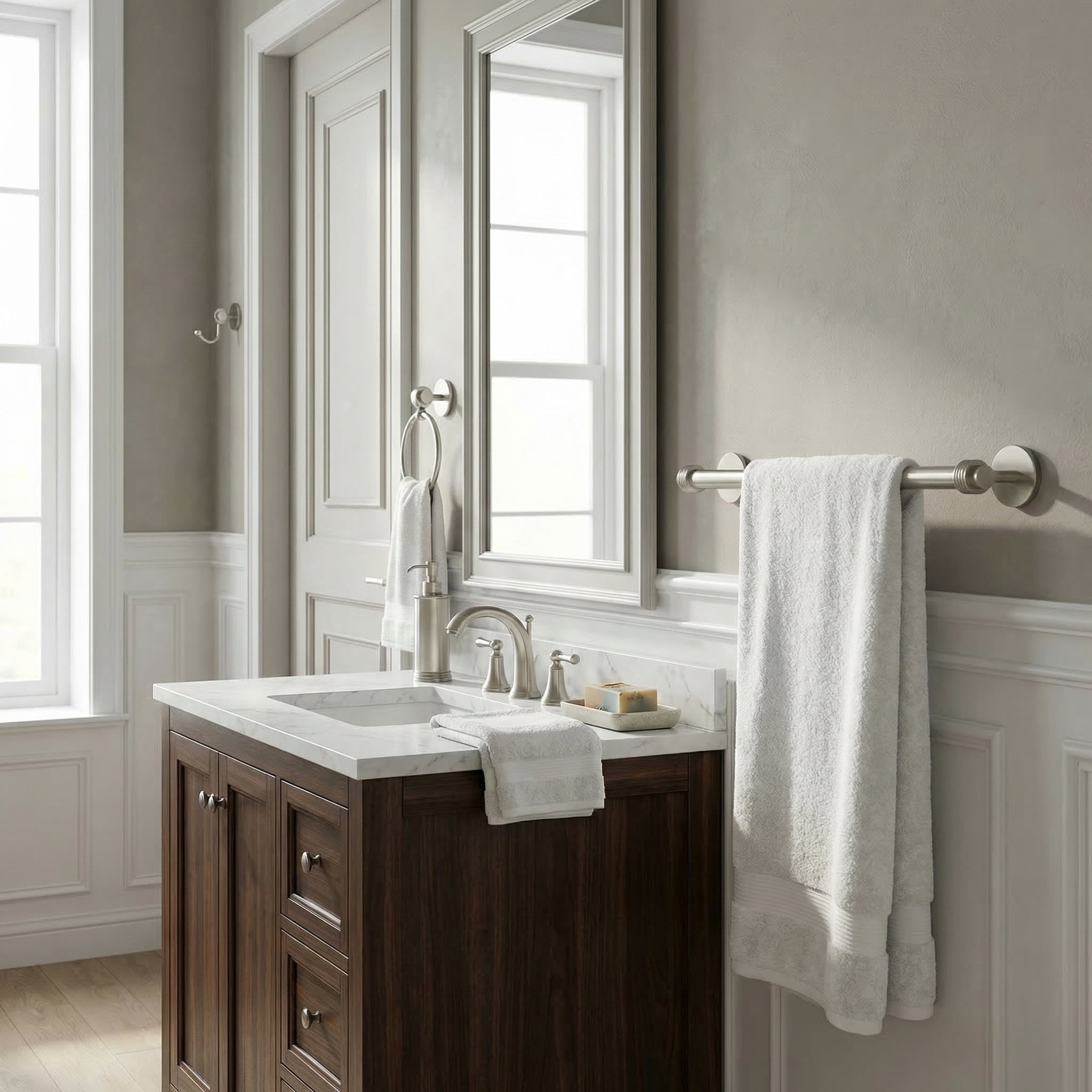 Satellite Orbit Two Collection - Modern traditional bath with satin nickel accessories