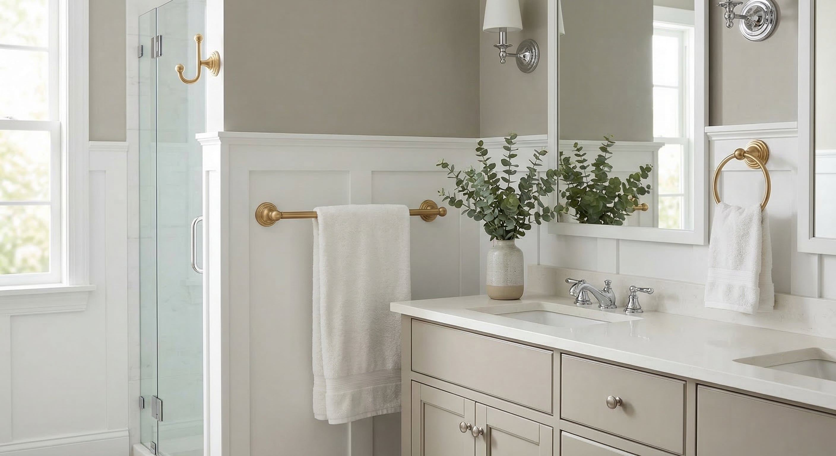 Prestige Que New Collection - Modern traditional bath with satin brass accessories