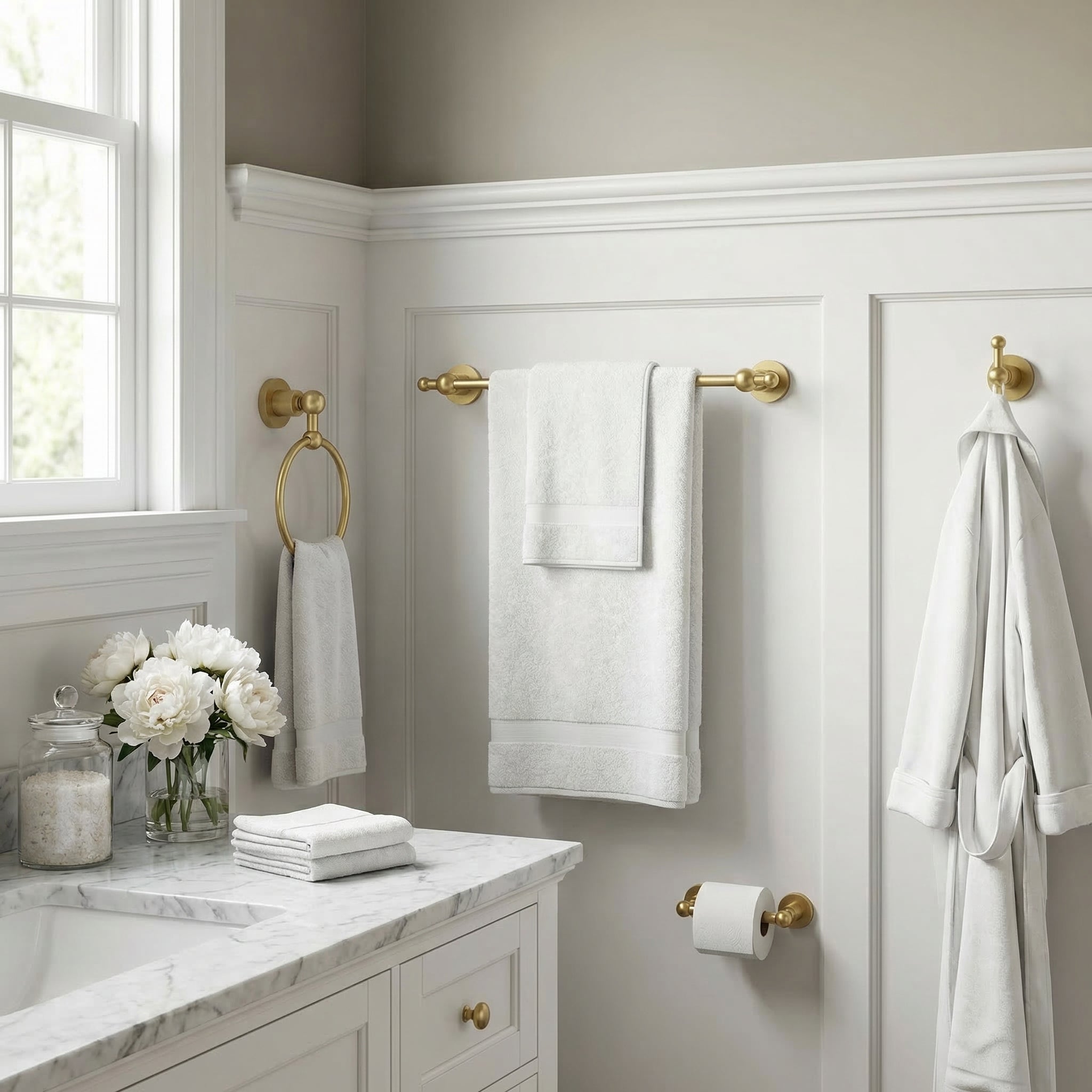 Astor Place Collection - Modern traditional bath with satin brass accessories