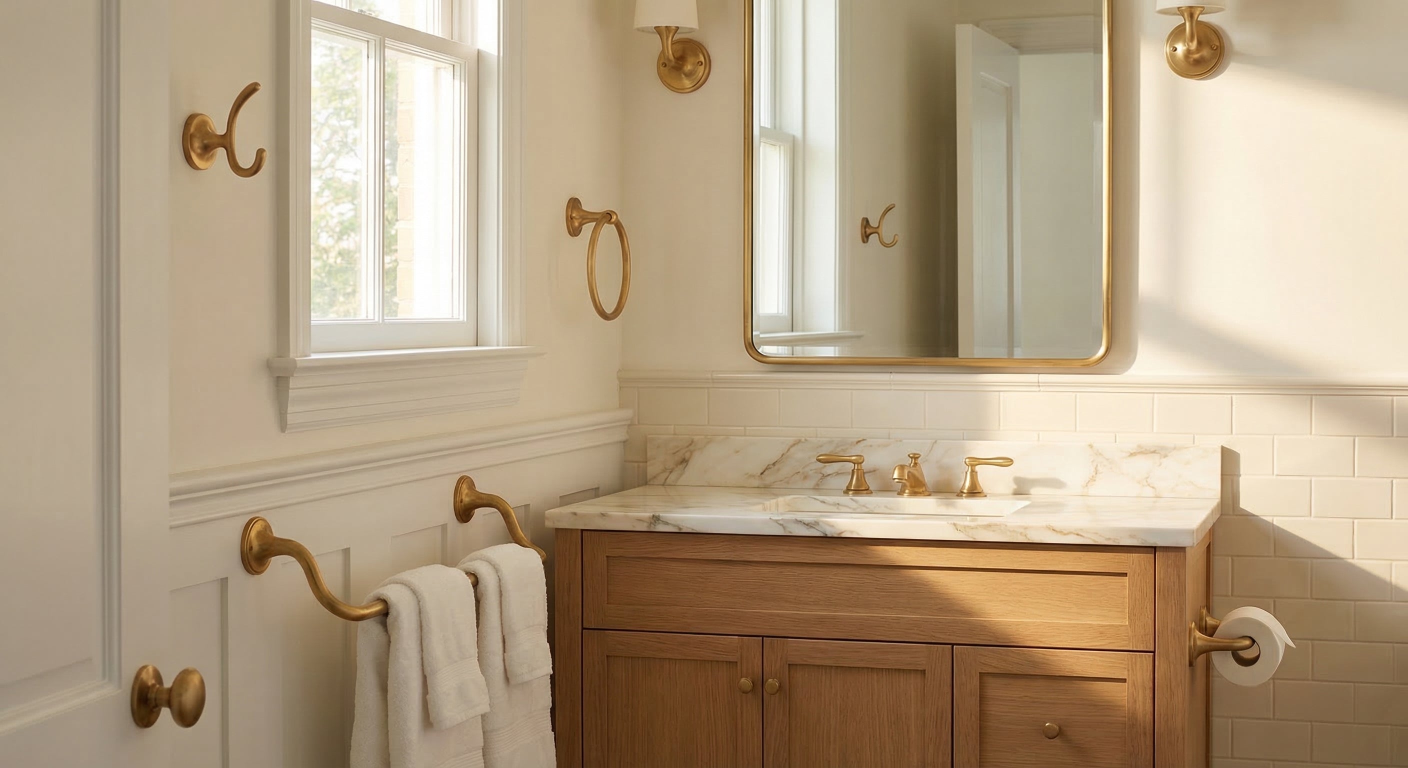 Bolero Collection - Transitional bathroom with unlacquered brass accessories