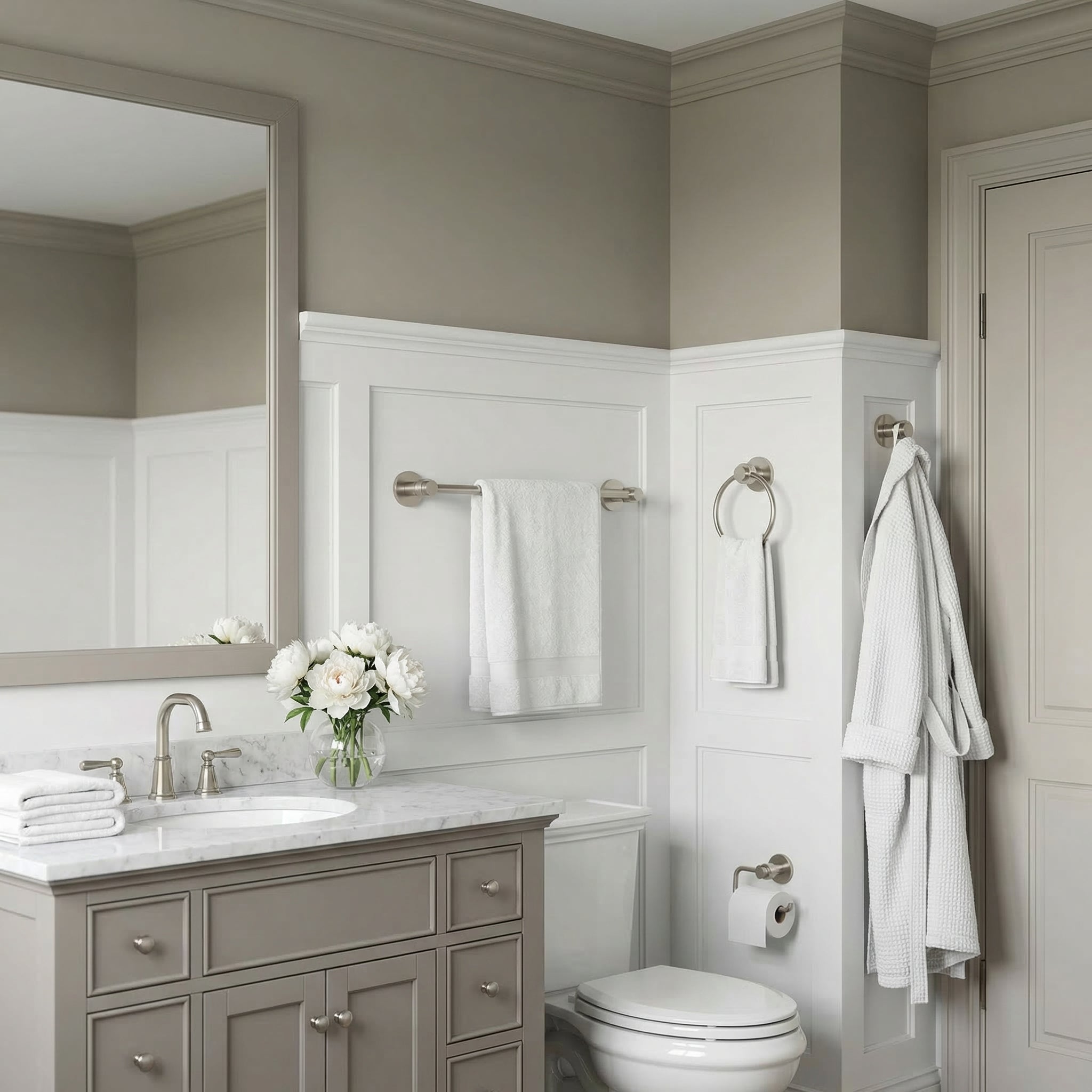 Mercury Collection - Modern traditional bath with satin nickel accessories