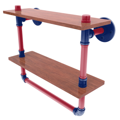 Gridiron Collection Double Wood Shelf with Towel Bar New York Blue and Red Edition
