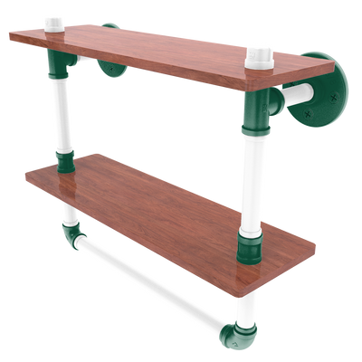 Gridiron Collection Double Wood Shelf with Towel Bar New York Green and White Edition