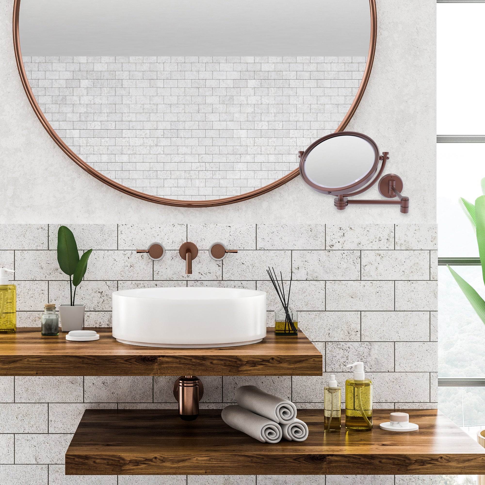 8 Inch Wall Mounted Extending Make-Up Mirror with Grooved Accents